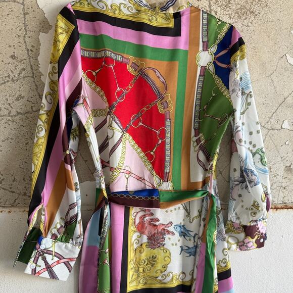 Satin Shirt Dress Multicolor Scarf Print Mini Belted Front NWT Retro Boho Small - Picture 5 of 5